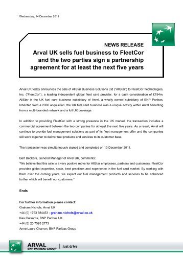 NEWS RELEASE Arval UK sells fuel business to FleetCor and the ...
