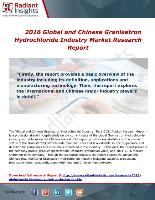 Global and Chinese Granisetron Hydrochloride Market Growth and Analysis Report to 2016