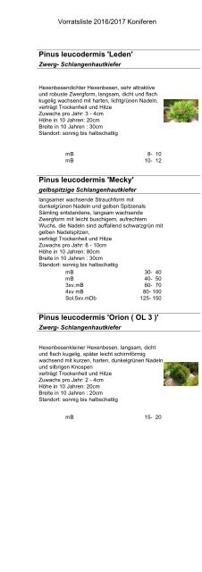 Baumschule Kohout Vorratsliste Herbst 2016 / Frühjahr 2017