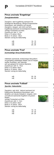 Baumschule Kohout Vorratsliste Herbst 2016 / Frühjahr 2017