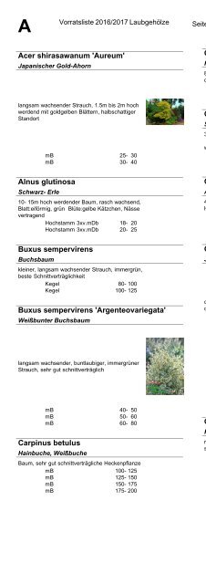 Baumschule Kohout Vorratsliste Herbst 2016 / Frühjahr 2017