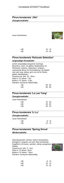 Baumschule Kohout Vorratsliste Herbst 2016 / Frühjahr 2017