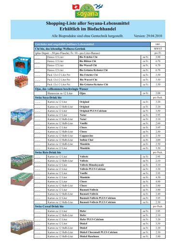 Shopping-Liste aller Soyana-Lebensmittel Erhältlich im Biofachhandel
