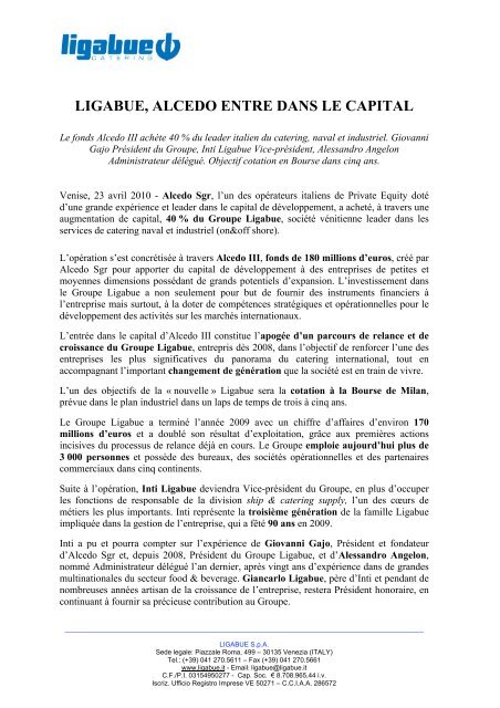 LIGABUE, ALCEDO ENTRE DANS LE CAPITAL - Ligabue Group