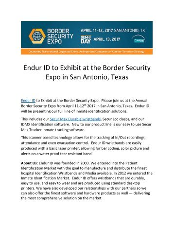 Endur ID to Exhibit at the Border Security Expo in San Antonio, Texas