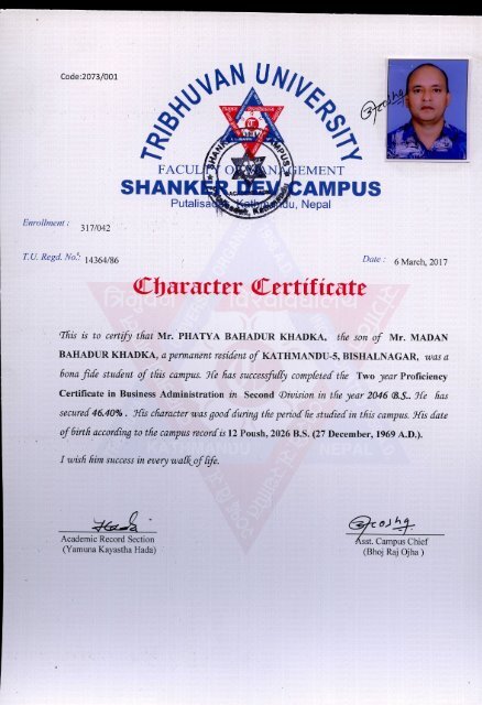 Character Certificate Of Intermidiate