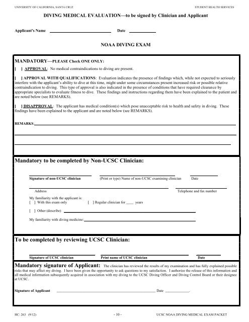 OFF CAMPUS UCSC SCUBA DIVING MEDICAL EXAM PACKET