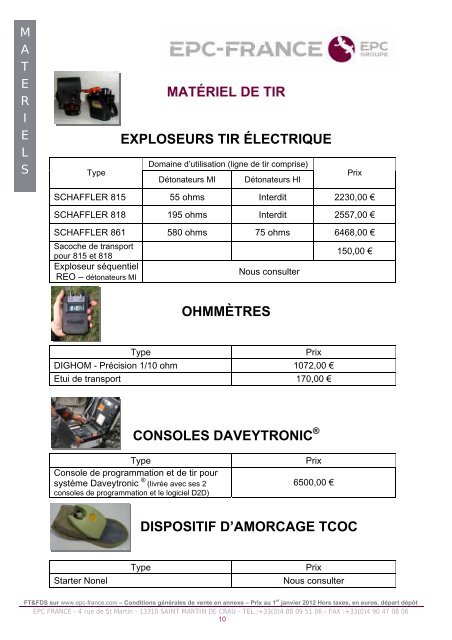 Tarifs 2012 et conditions générales de vente EPC