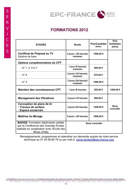 Tarifs 2012 et conditions générales de vente EPC