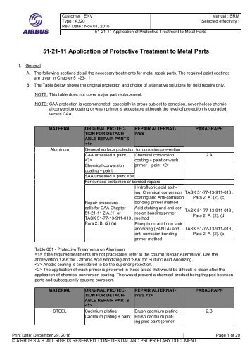 A 320 SRM 51-21-11 APLICATION OF PROTECTIVE TREATMENT TO METAL PARTS