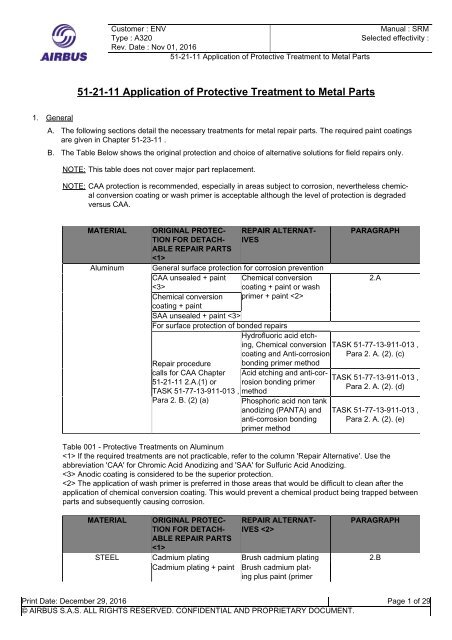 A 320 SRM 51-21-11 APLICATION OF PROTECTIVE TREATMENT TO METAL PARTS