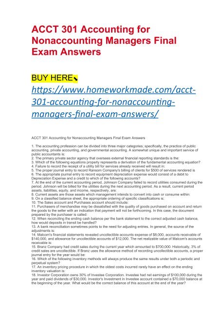 ACCT 301 Accounting for Nonaccounting Managers Final Exam Answers