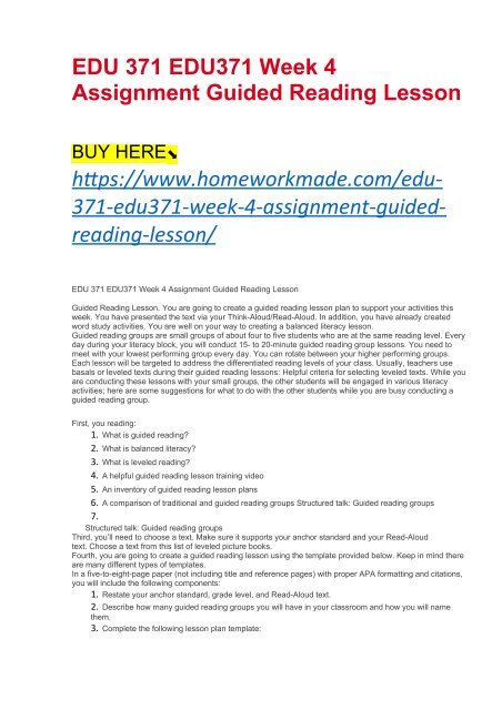 EDU 371 EDU371 Week 4 Assignment Guided Reading Lesson