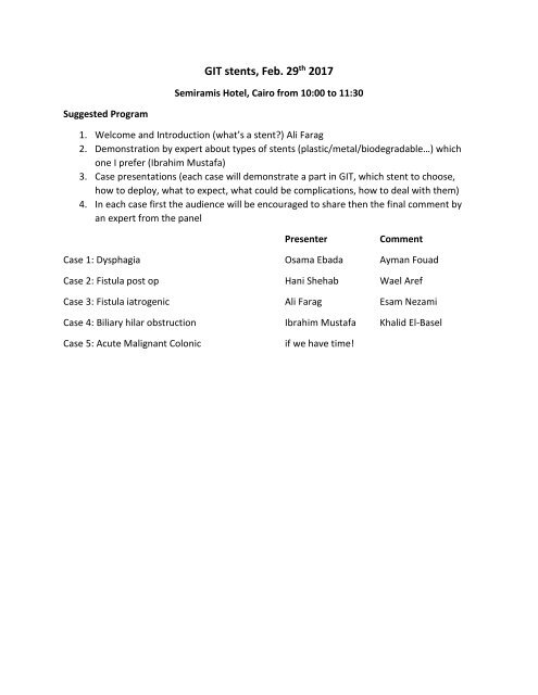 Program of Round-table Session: GIT Stents