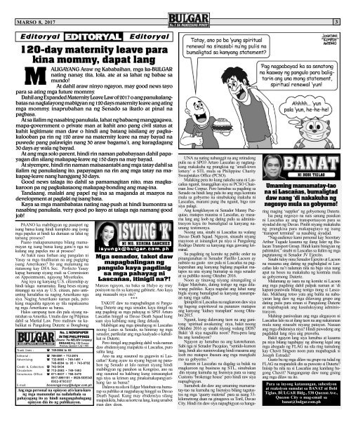 March 8, 2017 BULGAR: BOSES NG PINOY, MATA NG BAYAN