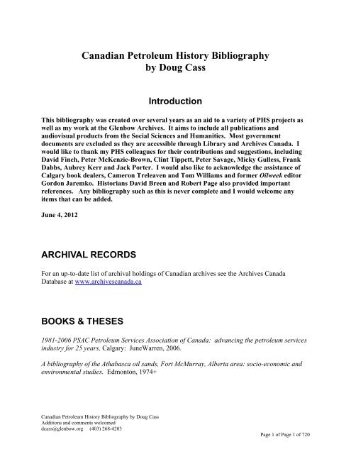 Canadian Petroleum History Bibliography by Doug Cass Introduction