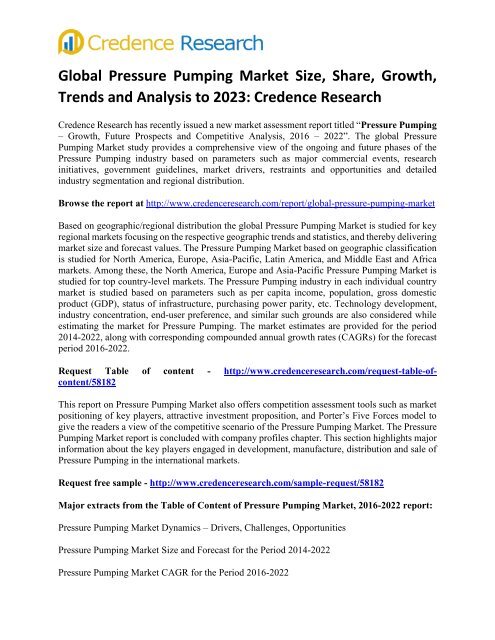 Global Pressure Pumping Market 2023 Forecast Report Available Now at Credence Research