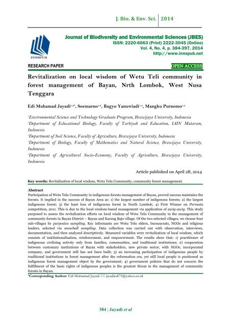 Revitalization on local wisdom of Wetu Teli community in forest management of Bayan, Nrth Lombok, West Nusa Tenggara
