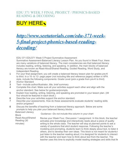 EDU 371 WEEK 5 FINAL PROJECT PHONICS BASED READING DECODING