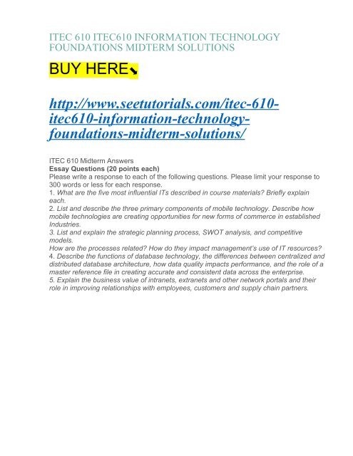 ITEC 610 ITEC610 INFORMATION TECHNOLOGY FOUNDATIONS MIDTERM SOLUTIONS