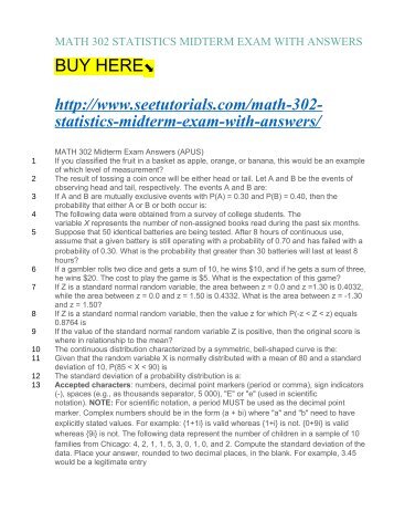 exam 302 math midterm MATH Exam 302 Statistics Midterm Answers (APUS)