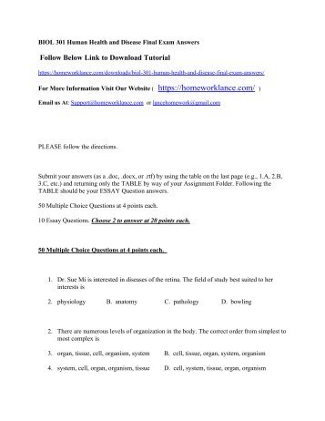 BIOL 301 Human Health and Disease Final Exam Answers