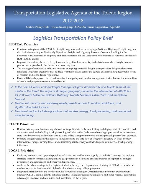 Transportation Legislative Agenda of the Toledo Region 2017-2018