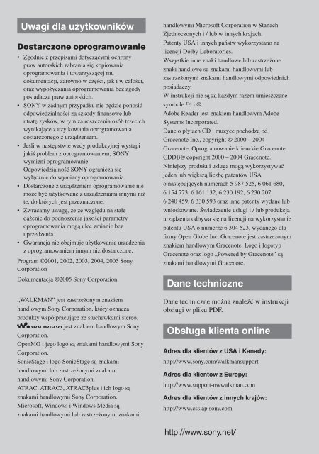 Sony NW-E405 - NW-E405 Istruzioni per l'uso Polacco