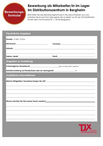 Bewerbung als Mitarbeiter/in im Lager im Distributionszentrum in ...