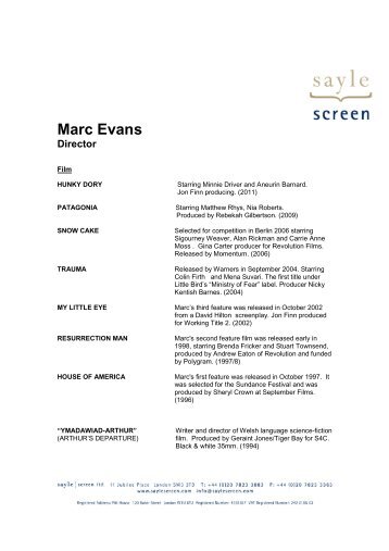 Marc Evans Director - Sayle Screen