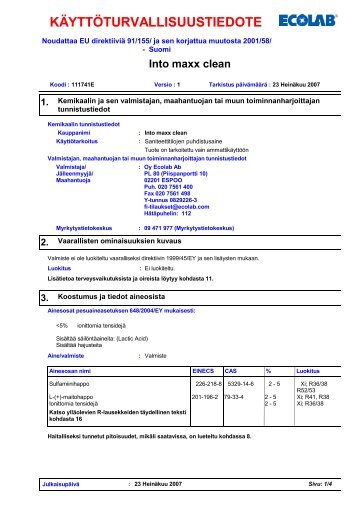 KÄYTTÖTURVALLISUUSTIEDOTE Into maxx clean - Pamark Oy