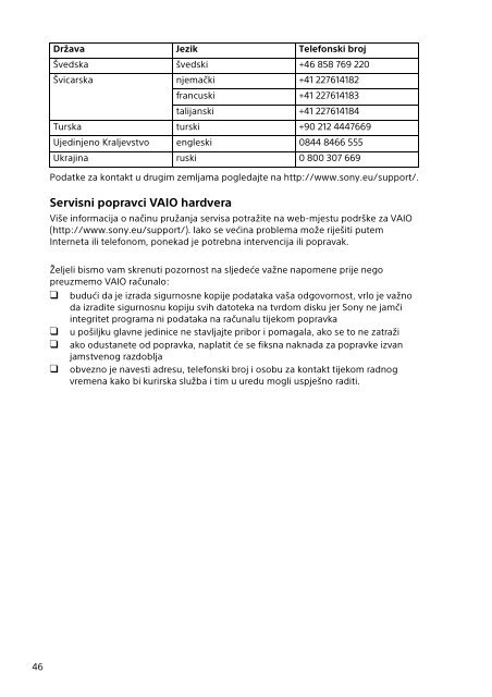 Sony SVD1323Y9E - SVD1323Y9E Documenti garanzia Croato