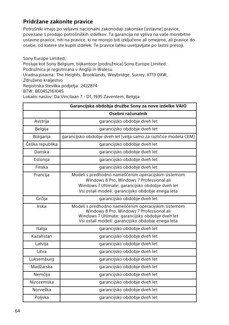 Sony SVD1323Y9E - SVD1323Y9E Documenti garanzia Croato