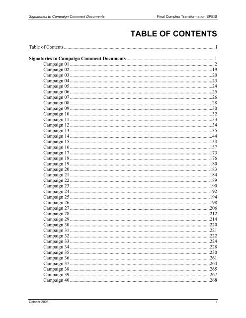 TABLE OF CONTENTS - Complex Transformation PEIS