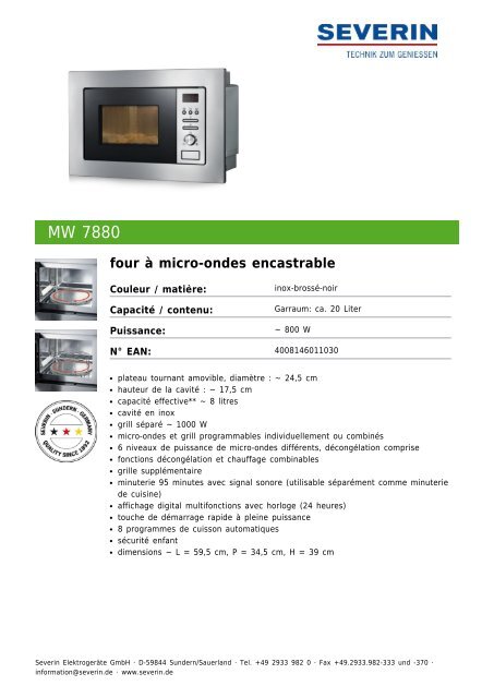 Severin MW 7880 four &amp;agrave; micro-ondes encastrable - Fiche technique