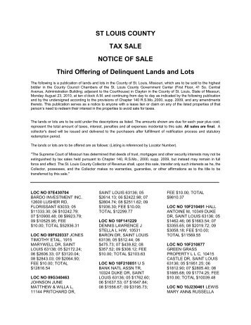 ST LOUIS COUNTY TAX SALE NOTICE OF SALE Third Offering of ...