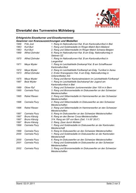 Ehrentafel des Turnvereins Mühleberg - TV Mühleberg