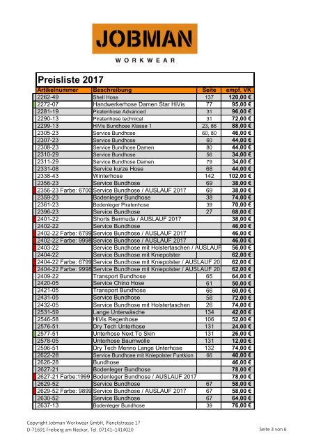 Preisliste 2017 Stand 01.03.17