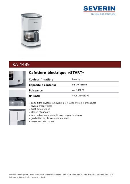 Severin KA 4489 Cafeti&egrave;re &eacute;lectrique &raquo;START&laquo; - Fiche technique