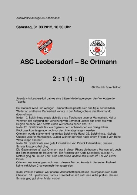 Samstag, 31.03.2012, 16.30 Uhr ASC Leobersdorf - SC Ortmann