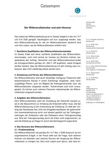 Der Willensvollstrecker und sein Honorar - Geissmann