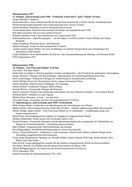 Inhaltsverzeichnisse der EPTA-Dokumentationen 1981 bis 2010