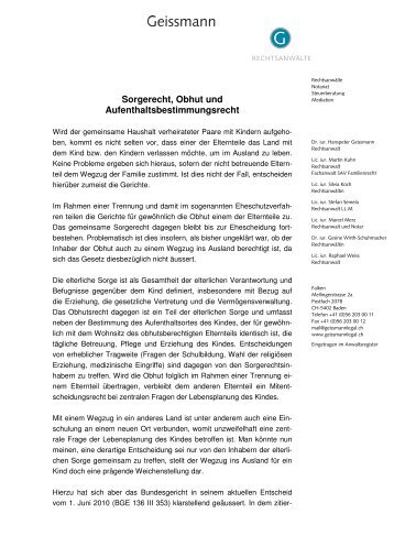 Sorgerecht, Obhut und Aufenthaltsbestimmungsrecht - Geissmann