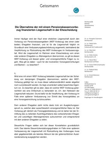 Die Übernahme der mit einem Pensionskassenvorbezug - Geissmann