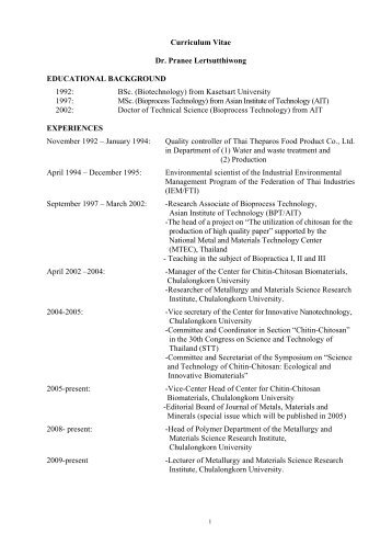 Curriculum Vitae Dr. Pranee Lertsutthiwong EDUCATIONAL ...