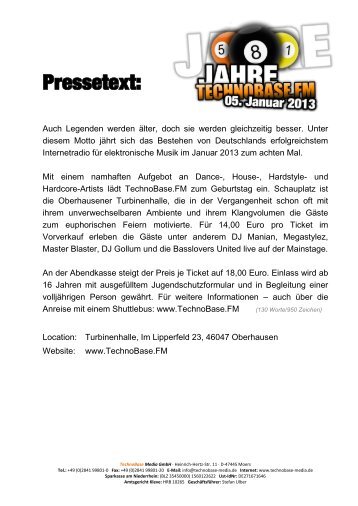 Pressetext: - TechnoBase Media GmbH