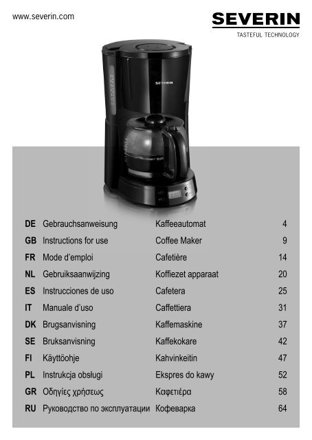 Severin KA 4190 Cafeti&egrave;re programmable &raquo;Select&laquo; - Istruzioni d'uso