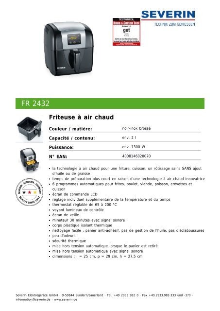 Severin FR 2432 Friteuse &amp;agrave; air chaud - Fiche technique