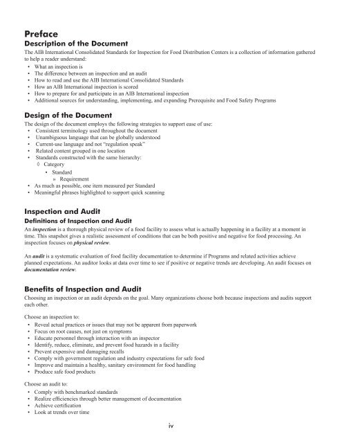 Consolidated Standards for Inspection Food Distribution Centers