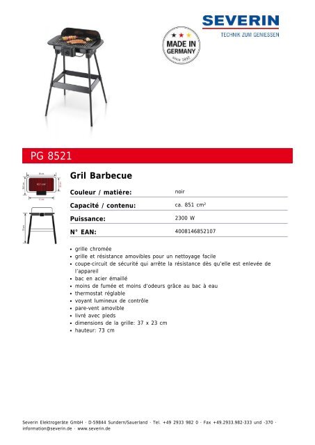 Severin PG 8521 Gril Barbecue - Fiche technique